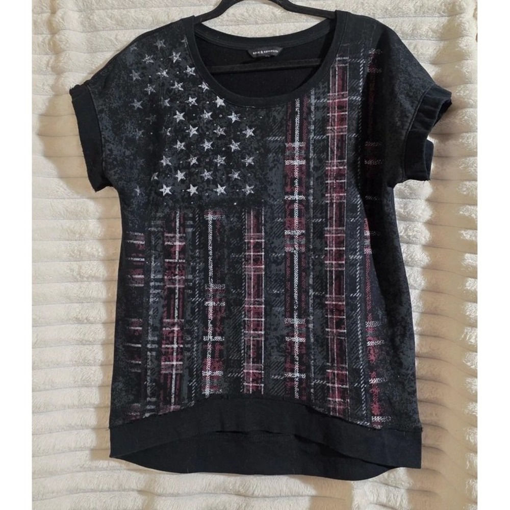 Rock & Republic Womens American Flag Plaid Rhinestone Top Black Red M